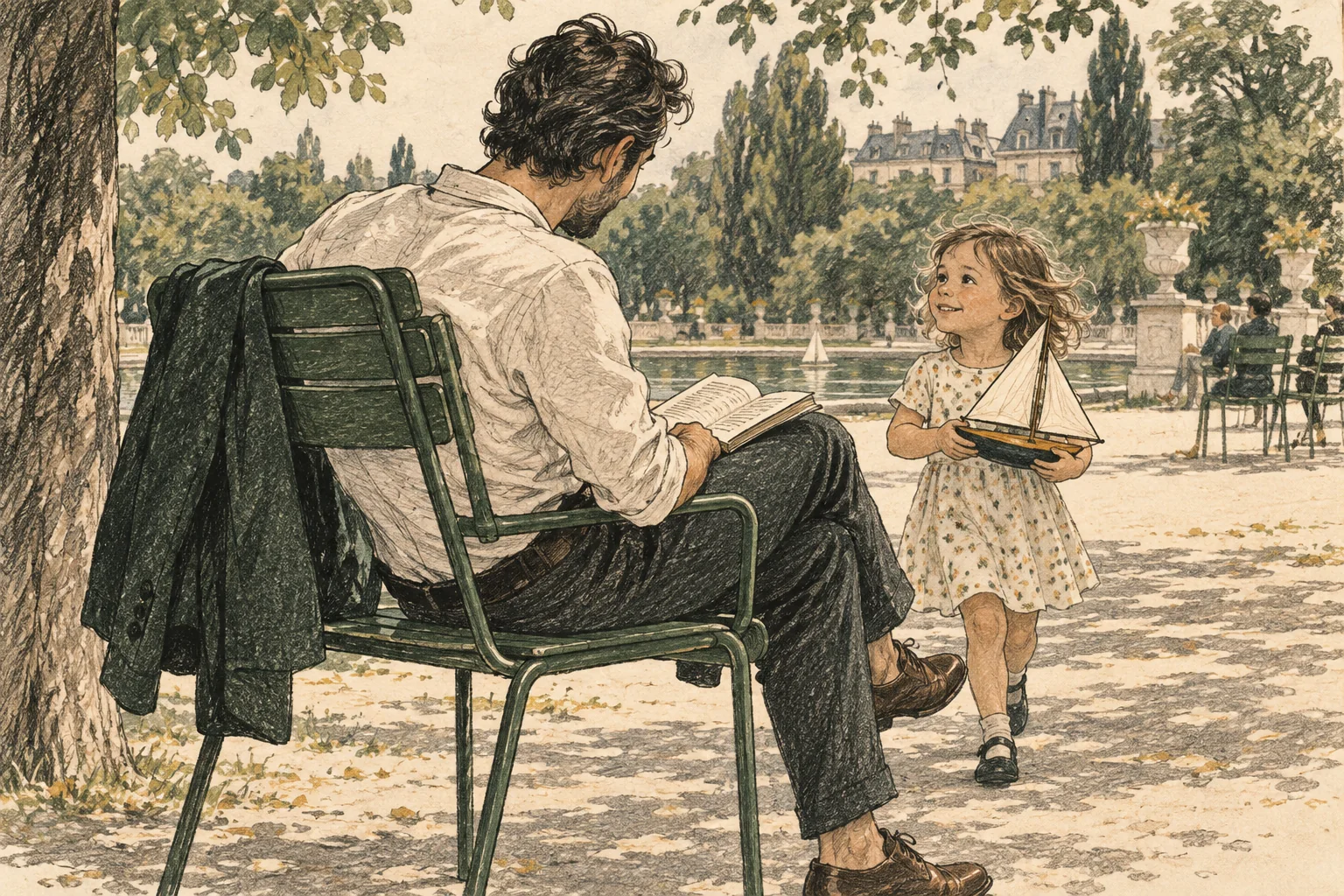 Dessin d’un parent et de son enfant dans un jardin